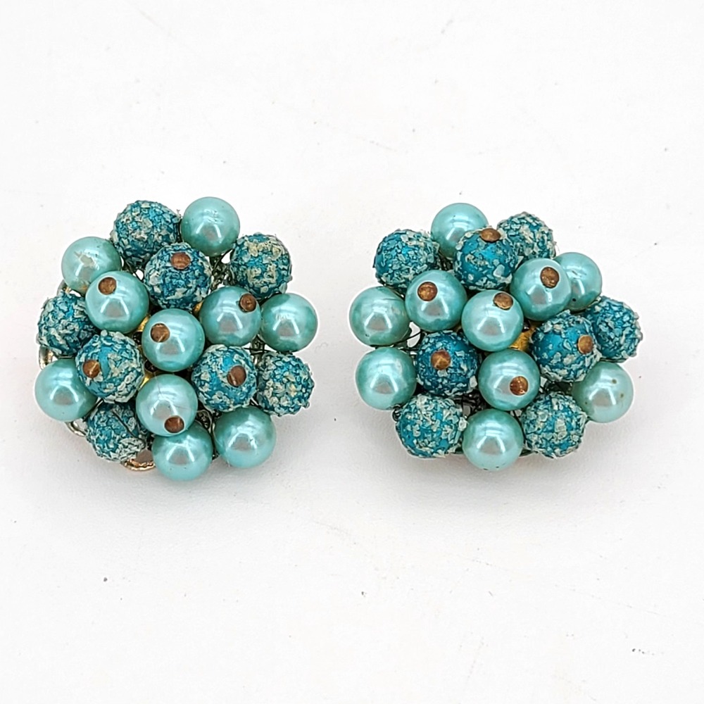 Vintage Blue Sugar Bead Cluster Clip On Earrings Made in Japan